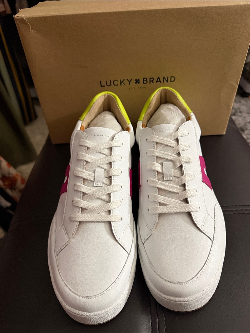 Lucky Brand White Leather Sneakers with Pink and Neon Yellow Accents